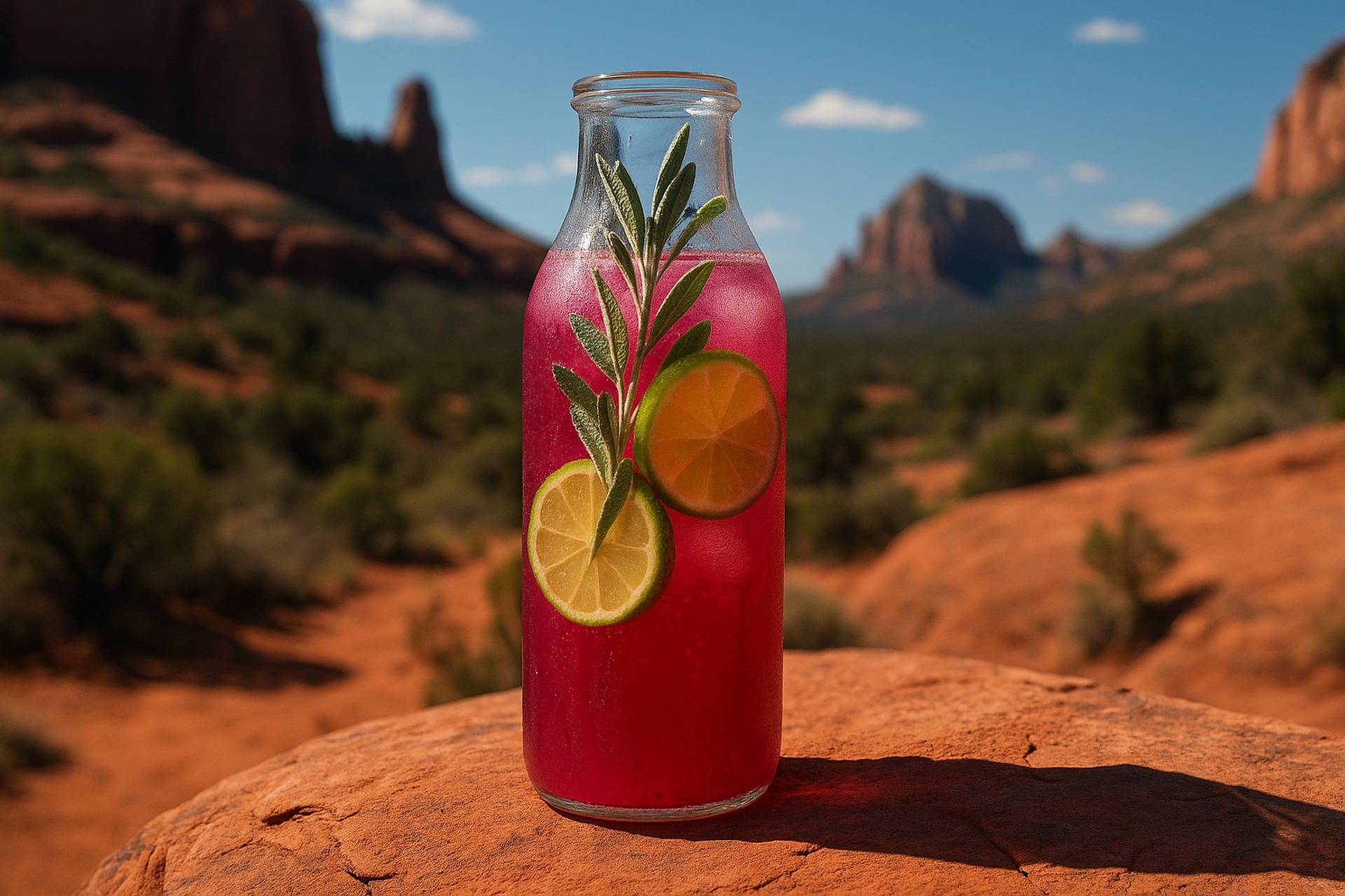 A refreshing pink prickly pear agua fresca garnished with sage leaves in two clear glasses.