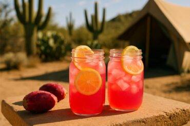 A bright, layered prickly pear lemonade with lemon slices and ice in a clear camping mug.