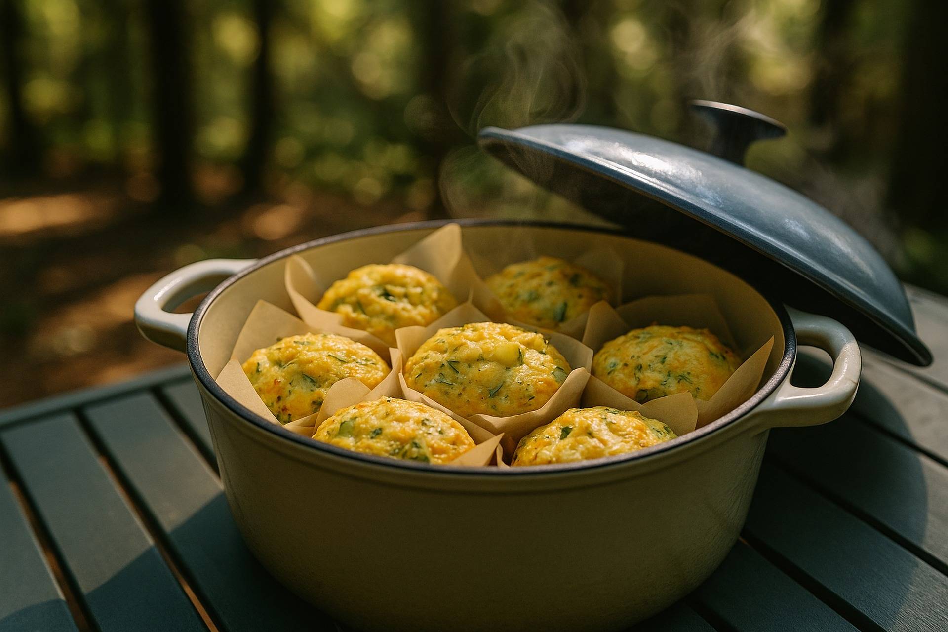 Golden brown cheddar muffins with bits of dill pickle visible, cooling on a rack ready for camping snacks.