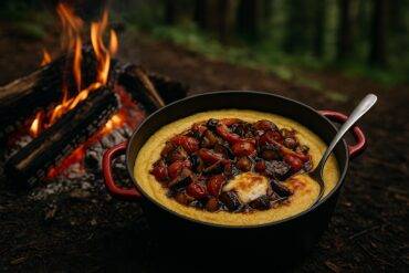 Baked polenta topped with roasted balsamic vegetables in a Dutch oven over a campfire.