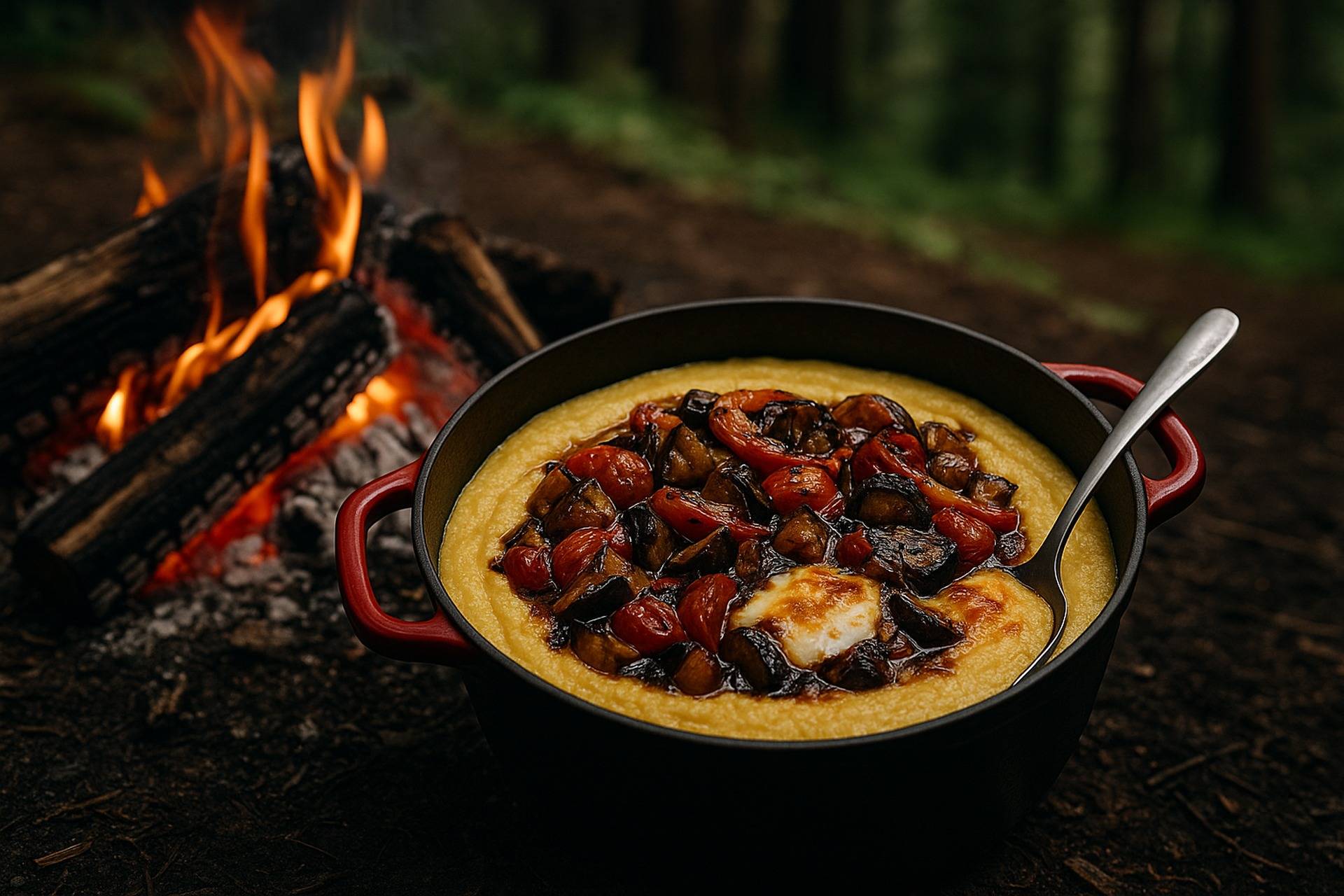 Baked polenta topped with roasted balsamic vegetables in a Dutch oven over a campfire.