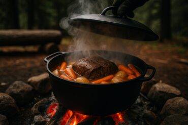 Beef pot roast with carrots and potatoes cooking in a seasoned Dutch oven over a campfire.