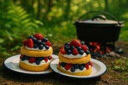 Dutch oven with golden cornbread topped with mixed berries and a dollop of cream on a rustic surface.