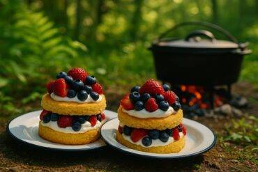 Dutch oven with golden cornbread topped with mixed berries and a dollop of cream on a rustic surface.