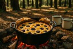 Golden blackberry-lemon custard cake cooling inside a black Dutch oven with fresh blackberries on top.