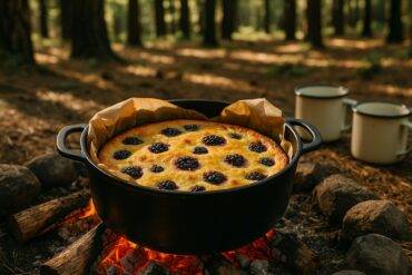 Golden blackberry-lemon custard cake cooling inside a black Dutch oven with fresh blackberries on top.