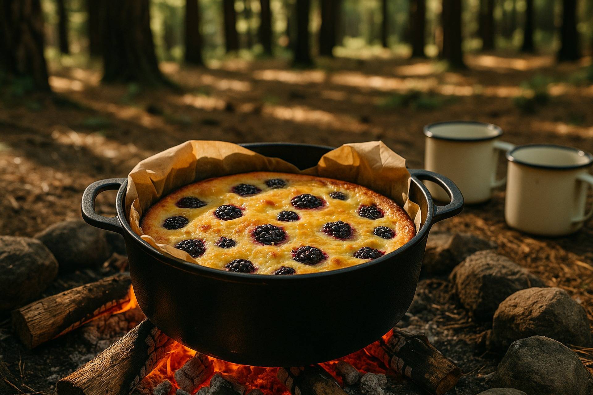 Golden blackberry-lemon custard cake cooling inside a black Dutch oven with fresh blackberries on top.