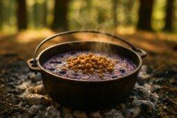 Dutch oven with blueberry cobbler oatmeal topped with fresh blueberries and oats ready for serving.