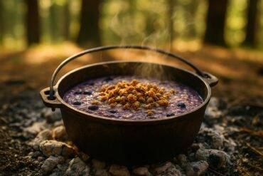 Dutch oven with blueberry cobbler oatmeal topped with fresh blueberries and oats ready for serving.