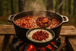 Cajun red beans and sausage simmering in a black Dutch oven over a campfire.