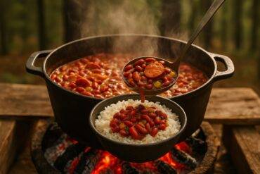 Cajun red beans and sausage simmering in a black Dutch oven over a campfire.