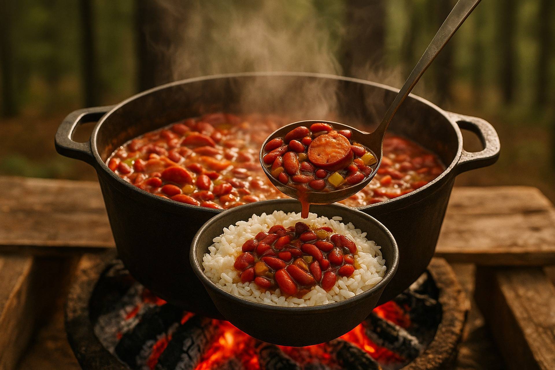 Cajun red beans and sausage simmering in a black Dutch oven over a campfire.