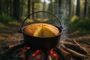 Golden cornbread baked in a Dutch oven over a campfire with a rustic wooden background.