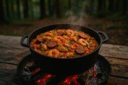 Hearty jambalaya simmering in a Dutch oven over a campfire with sausage, rice, and vegetables.
