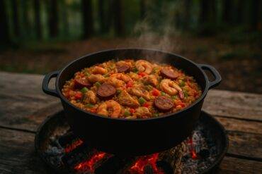 Hearty jambalaya simmering in a Dutch oven over a campfire with sausage, rice, and vegetables.