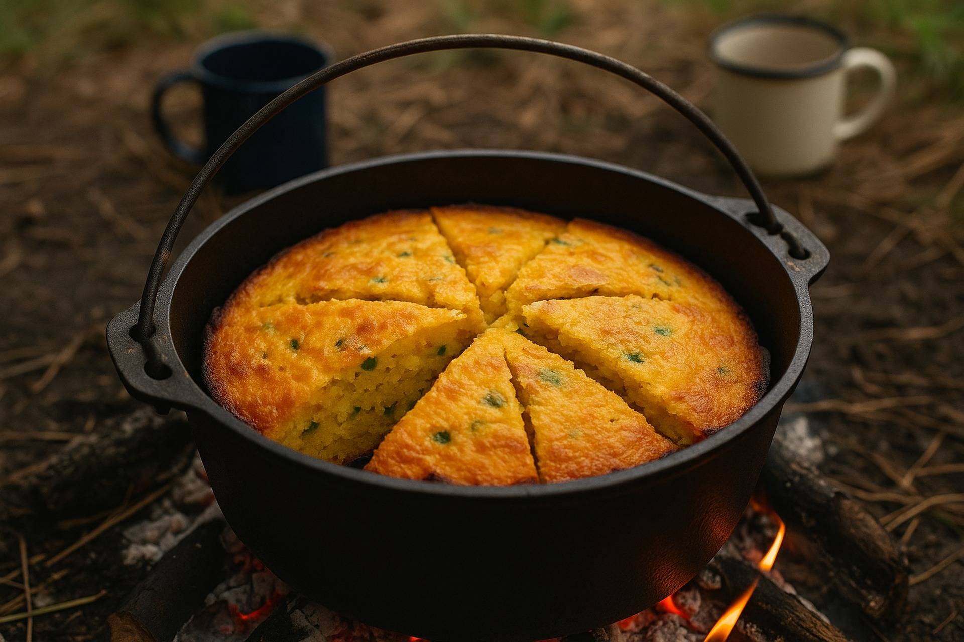 Golden cheddar-jalapeño cornbread cooling inside a black cast iron Dutch oven with a campfire background.