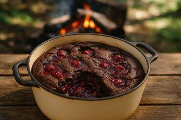 Rich chocolate lava cake with melted centers and cherries, cooked in a rustic Dutch oven over a campfire.