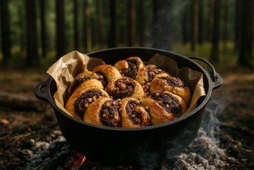 Chocolate hazelnut monkey bread baking in a cast iron Dutch oven over campfire coals.