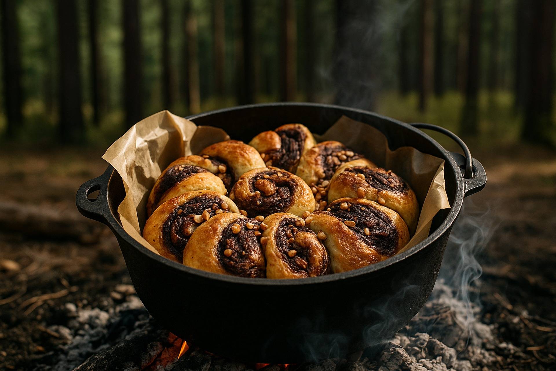 Chocolate hazelnut monkey bread baking in a cast iron Dutch oven over campfire coals.