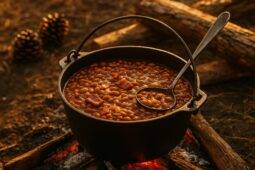 Hearty cowboy beans simmering with crispy bacon in a rustic black Dutch oven over a campfire.