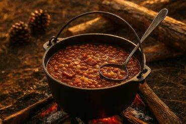 Hearty cowboy beans simmering with crispy bacon in a rustic black Dutch oven over a campfire.