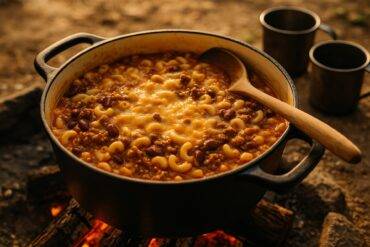 Hearty cowboy chili mac with beans and cheese cooking in a seasoned Dutch oven over campfire coals.