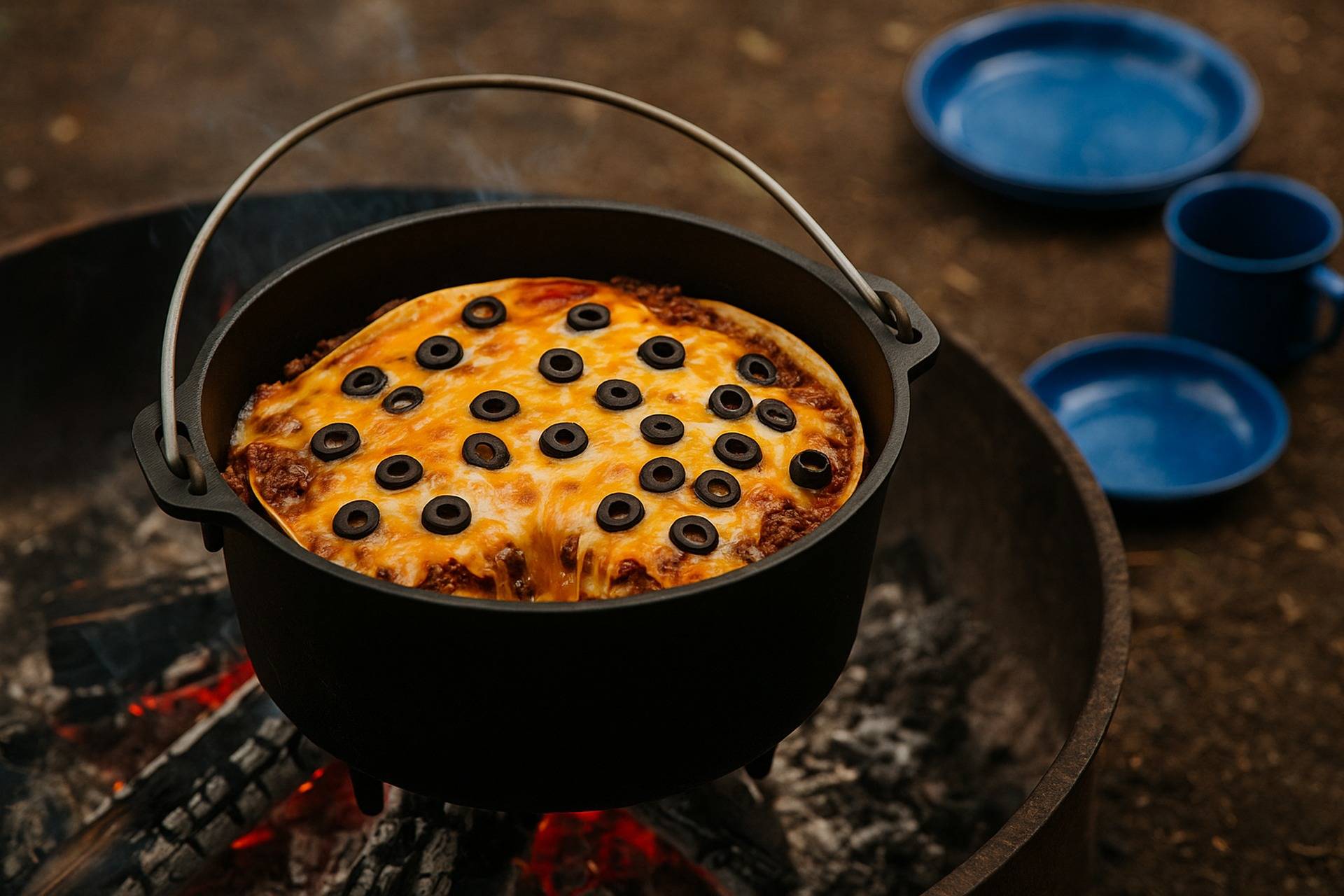 A cheesy enchilada casserole with beef and beans cooked in a Dutch oven over a campfire.