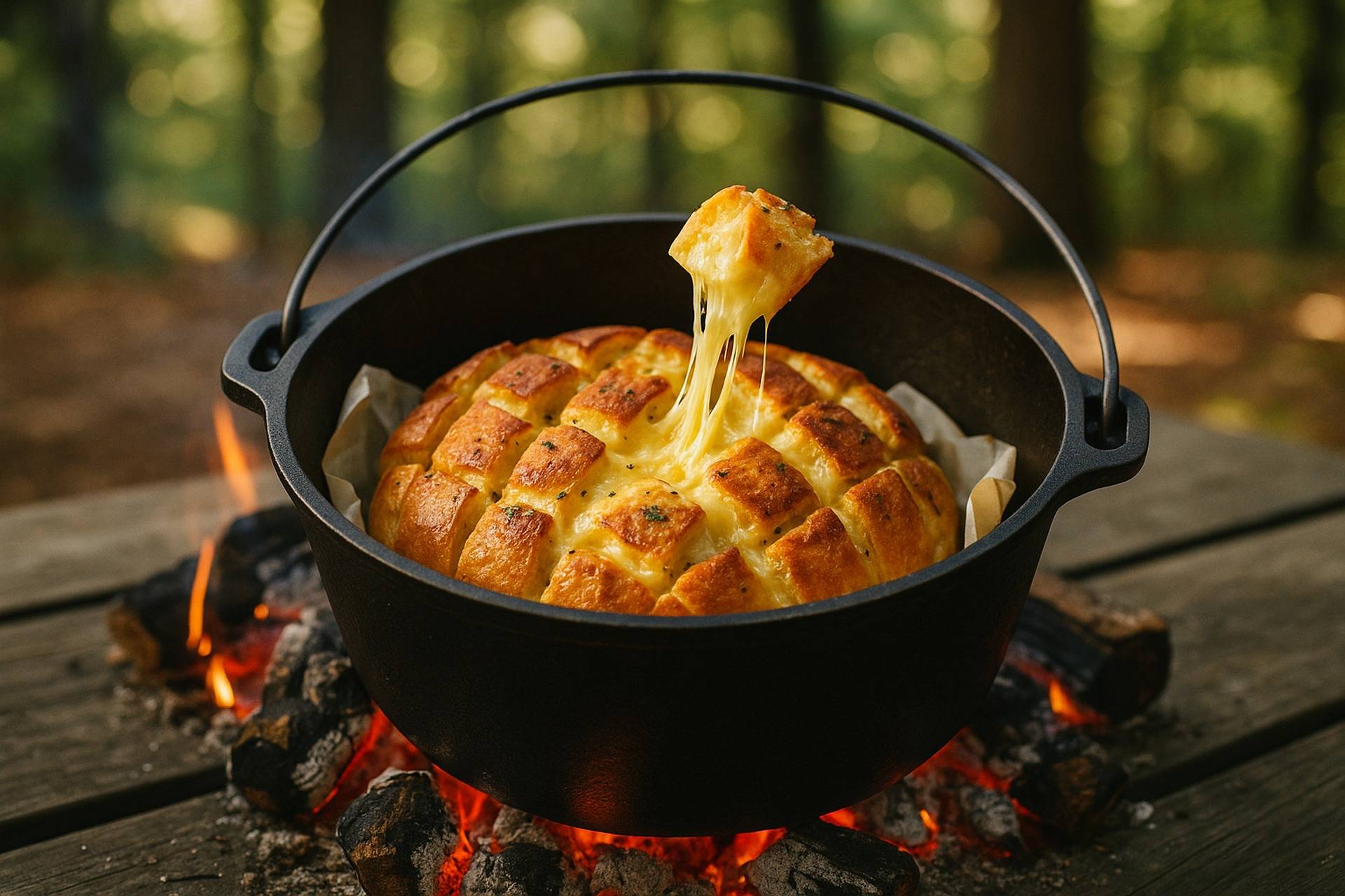 Golden, melted garlic cheese pull-apart bread baking in a black Dutch oven over coals.