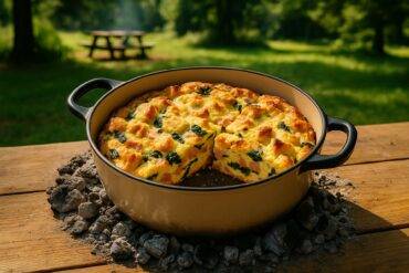 Golden baked strata with layers of ham, cheese, and spinach in a Dutch oven on a camping stove.