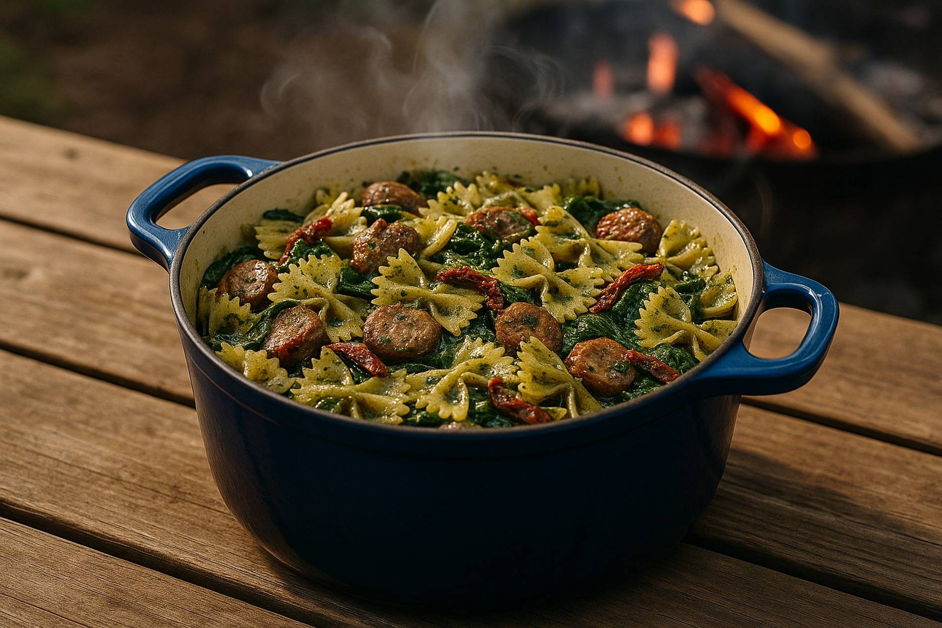 Dutch oven cooking farfalle pasta with sausage and green pesto sauce.