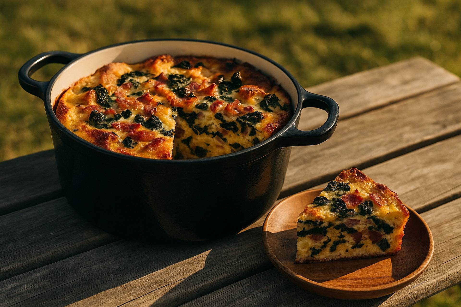 Golden baked strata layered with bacon, kale, and potatoes in a seasoned Dutch oven.