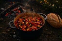 Rustic ratatouille simmering in a Dutch oven beside sliced crusty bread on a wooden table.