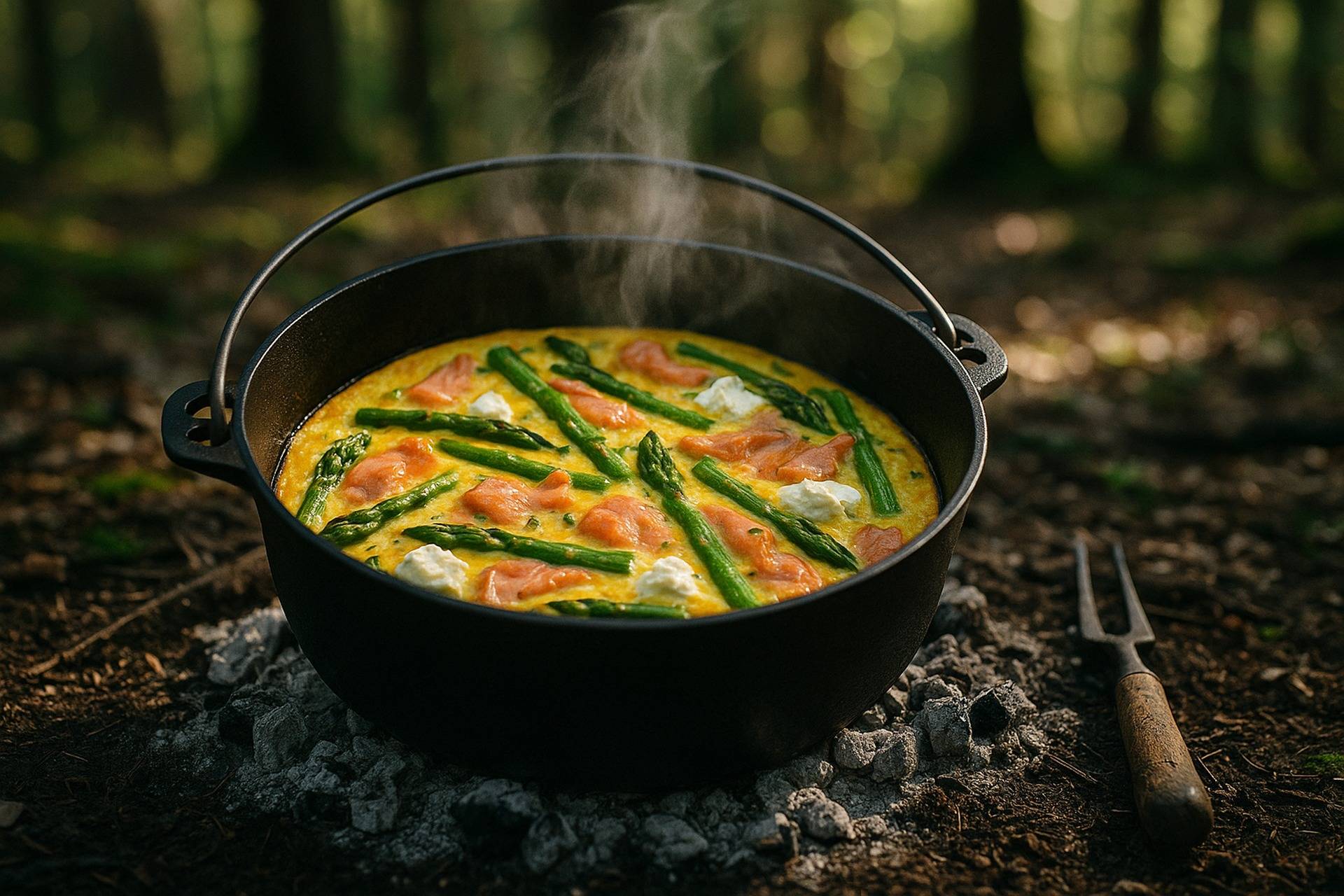 Golden frittata with smoked salmon and asparagus cooking inside a black Dutch oven over campfire coals.