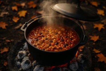 Hearty turkey chili with beans and tomatoes simmering in a black Dutch oven over a campfire.