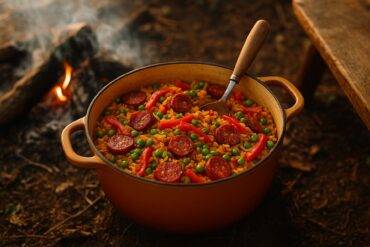 A Dutch oven filled with cooked Spanish chorizo, rice, and vegetables ready to serve.