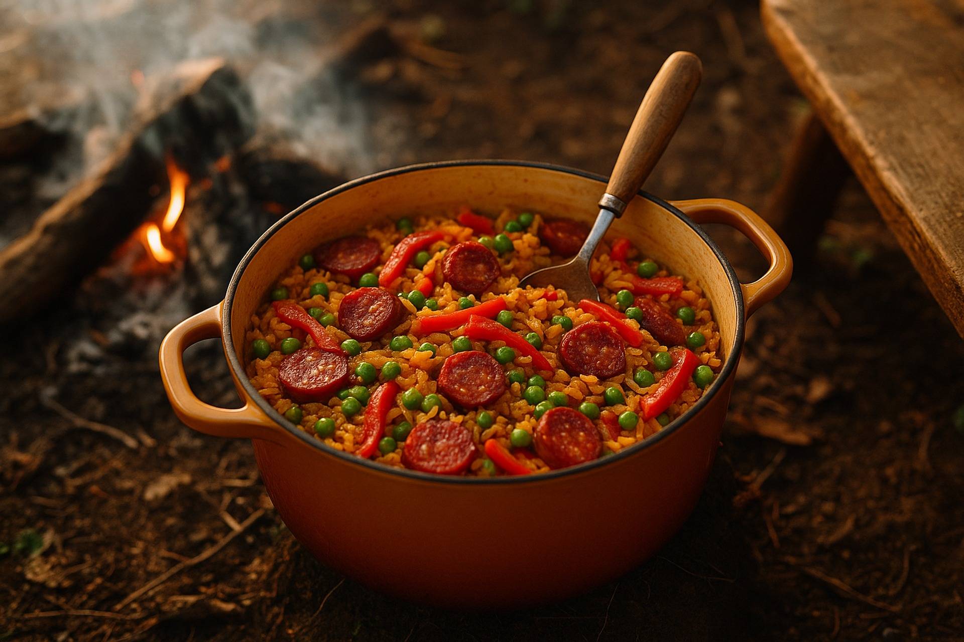 A Dutch oven filled with cooked Spanish chorizo, rice, and vegetables ready to serve.