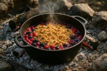 Rustic triple berry crisp baking in a black cast iron Dutch oven over campfire coals.