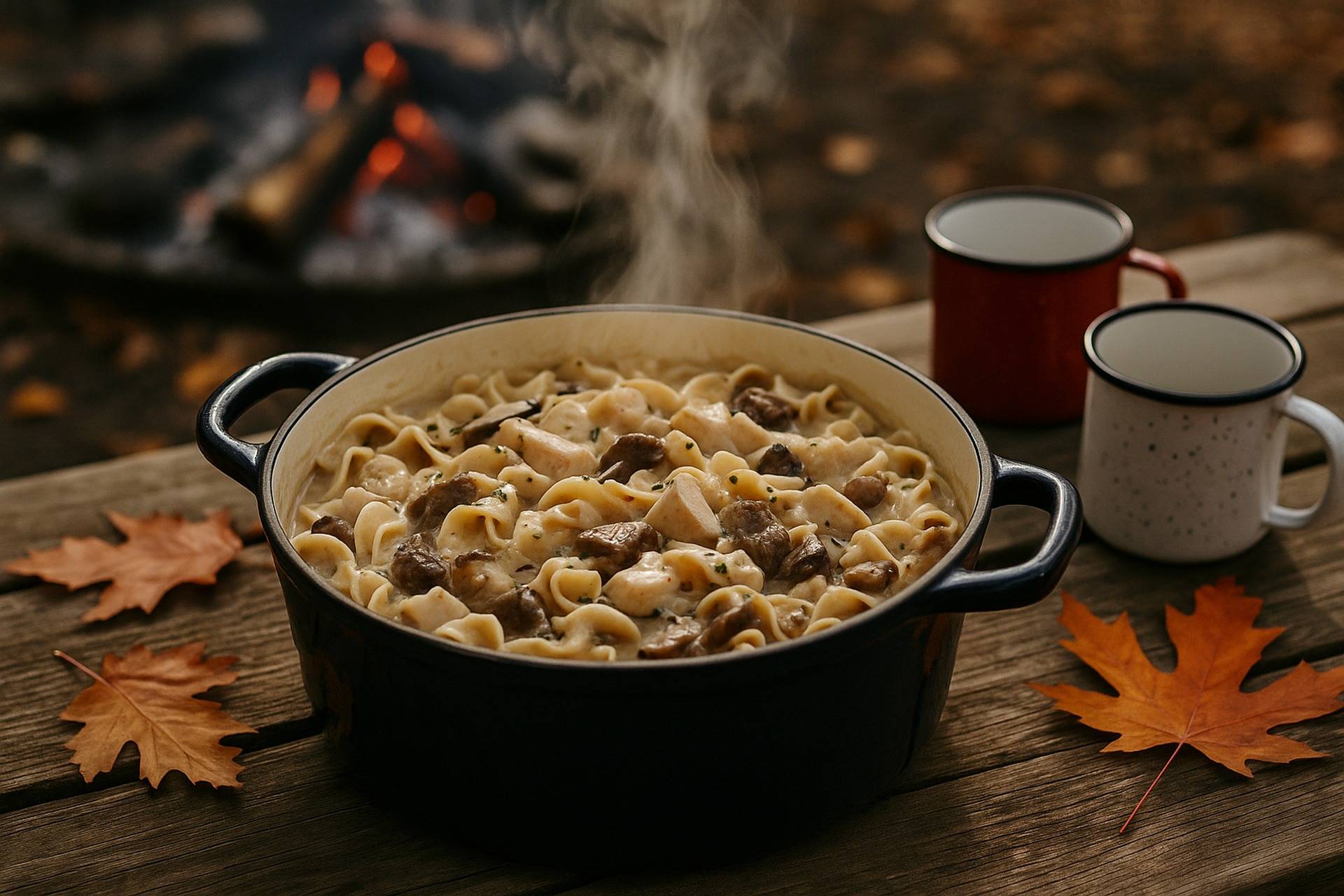 Creamy turkey and wild mushroom stroganoff simmering in a black Dutch oven over a campfire.