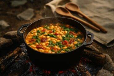 Dutch oven filled with hearty Tuscan white bean stew with herbs, tomatoes, and greens.