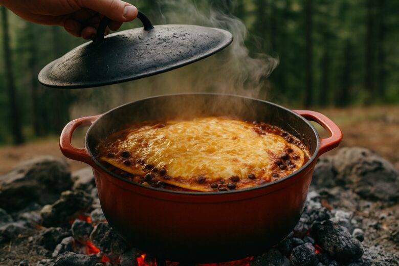Vegetarian enchilada casserole with melted cheese and vegetables in a Dutch oven over a campfire.