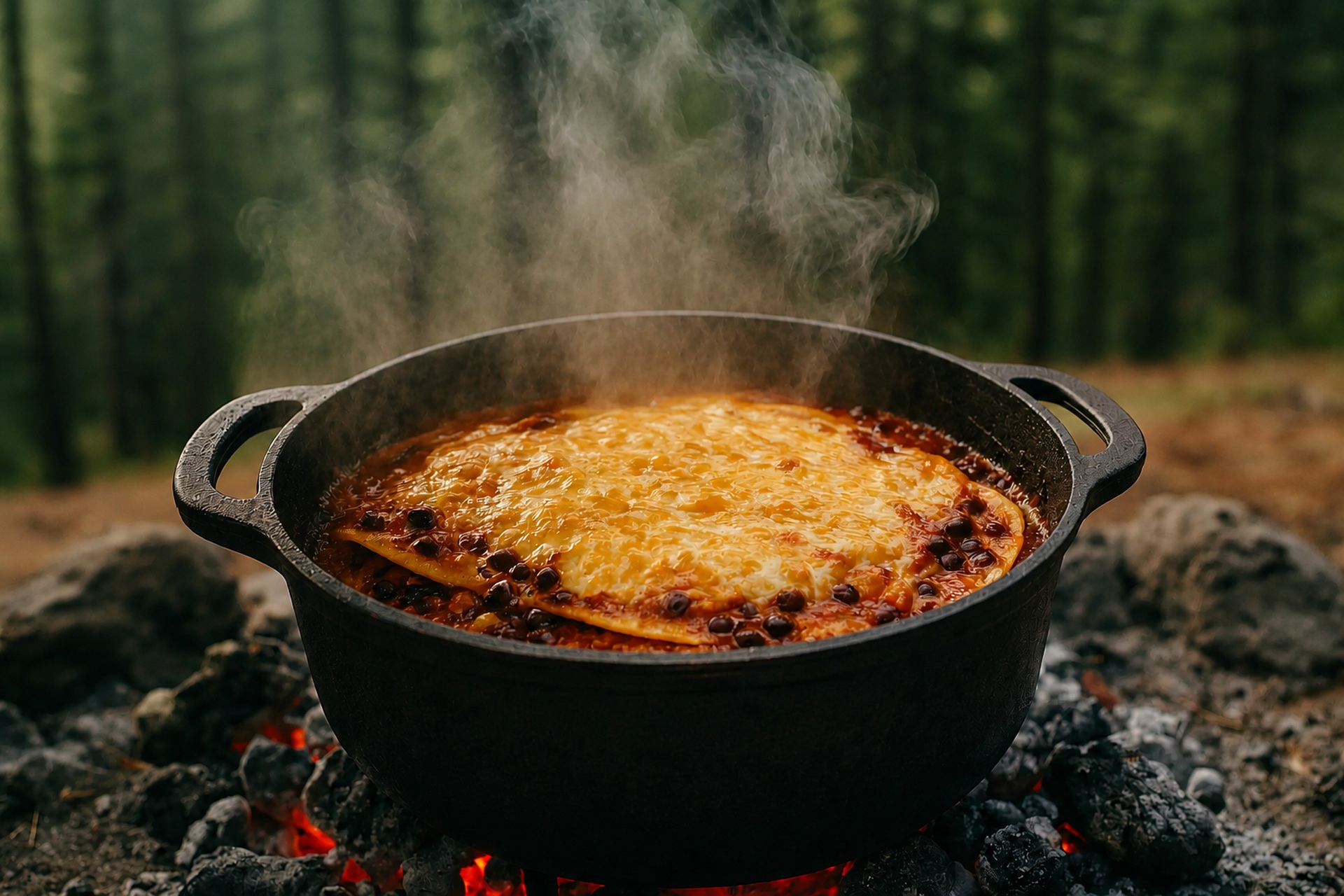 Vegetarian enchilada casserole with melted cheese and vegetables in a Dutch oven over a campfire.