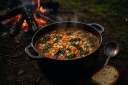 Dutch oven cooking white bean and kale minestrone with visible beans, kale, and broth bubbling inside.