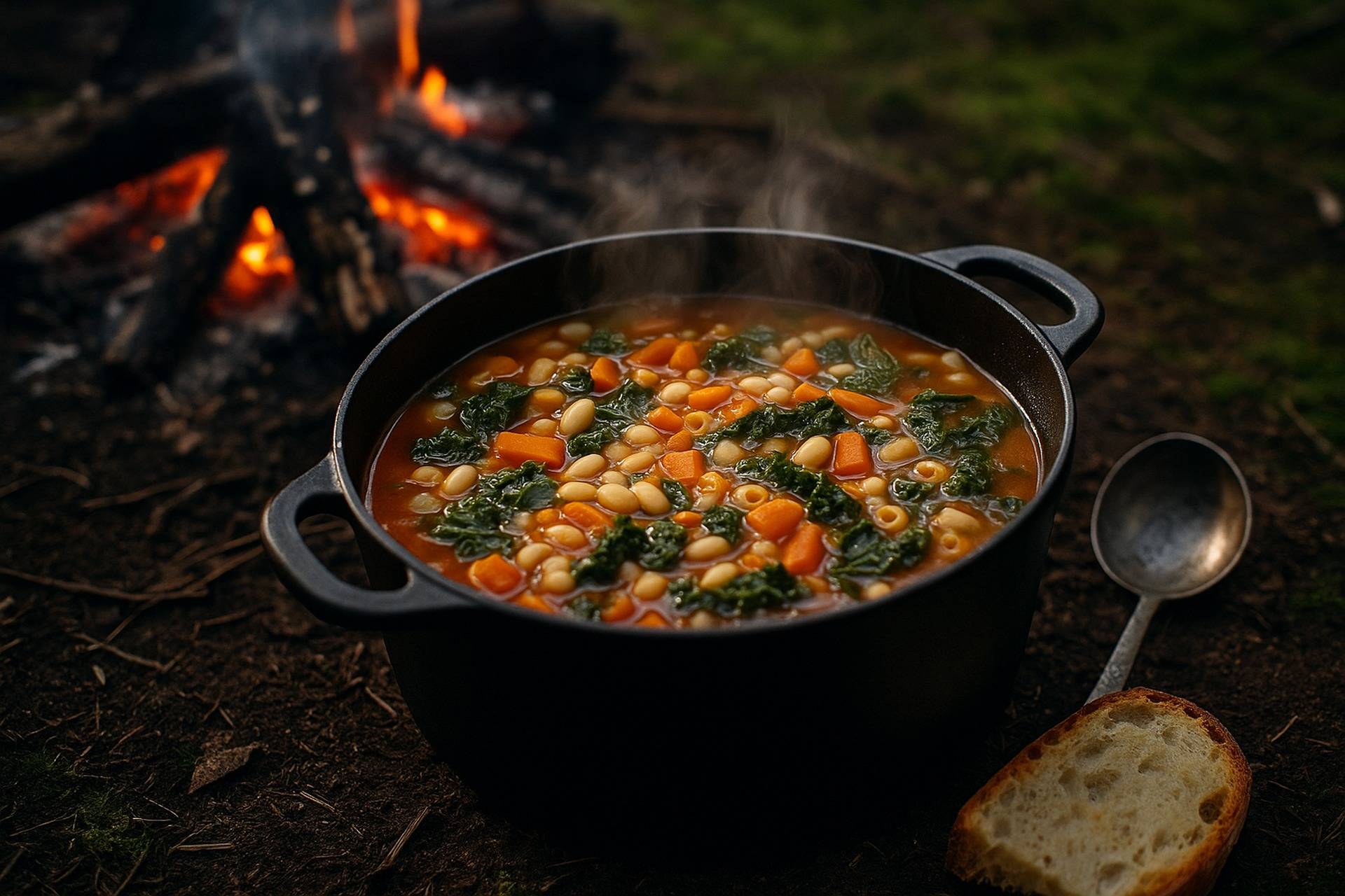 Dutch oven cooking white bean and kale minestrone with visible beans, kale, and broth bubbling inside.