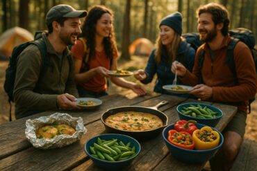 A colorful skillet with sautéed bell peppers, onions, and sausage cooking over a camp stove.