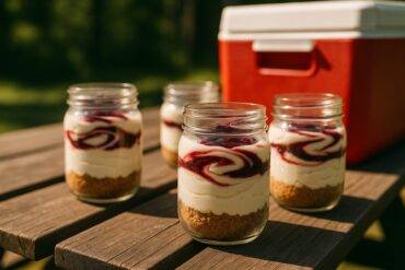 Three no-bake cheesecake jars layered with graham cracker crust, creamy filling, and berry topping.