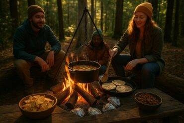 Skewers of meat and vegetables cooking over a campfire grill, ready for a camp meal.