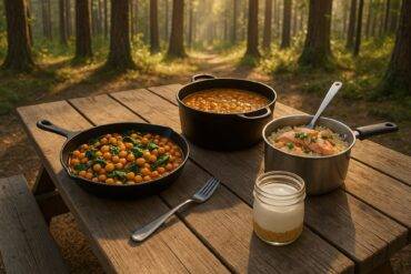 Simple campsite meal with foil-wrapped vegetables and sausages cooking over a campfire grill.