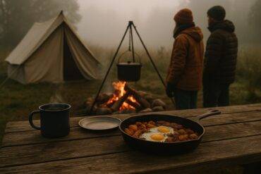 A steaming pot of hearty stew simmering over a campfire with rustic camping gear nearby.