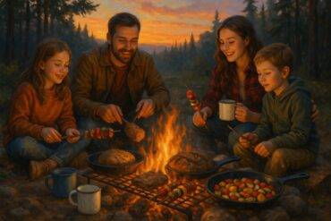 A campfire cooking scene with foil-wrapped meals, fresh vegetables, and cooking utensils ready for a camping trip.