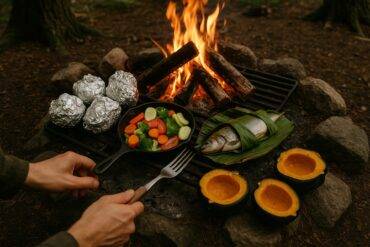 A rustic camping stove with a pot simmering stew and fresh vegetables nearby.